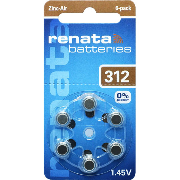 ZA312 Renata 312 Hearing Aid Batteries Brown Pack of 6 Hearing Aid